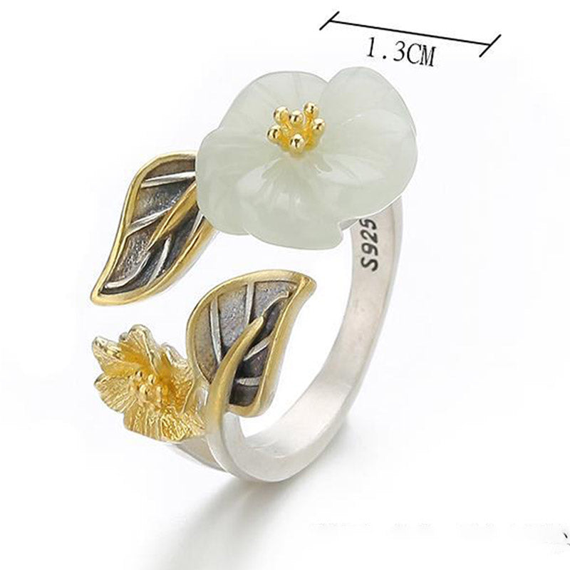 Bague porte-bonheur unisexe en jade blanc avec fleur de prunier en cuivre plaqué argent 925