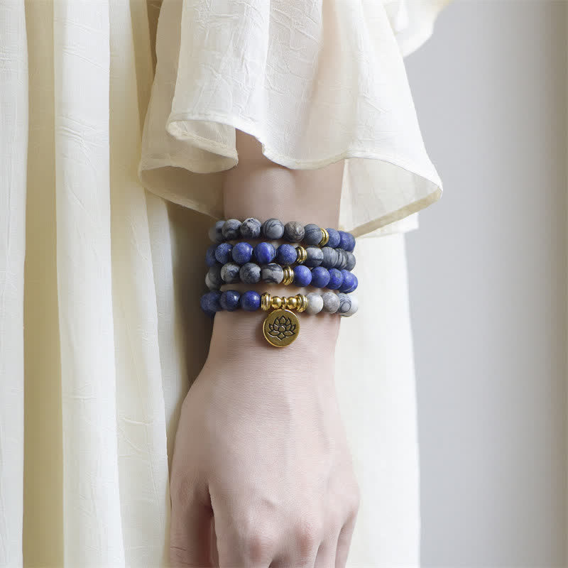 8mm Lotus Lotus Bracelet with Lazurite and Picasso Jasper for Balance