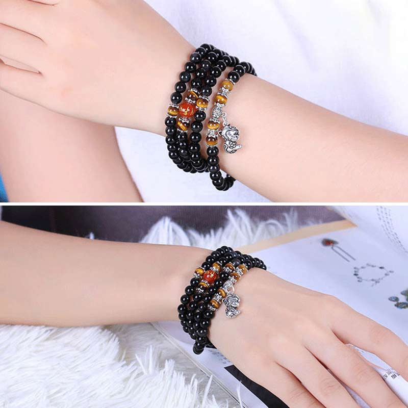 Bracelet 108 perles en obsidienne noire œil de tigre signe du zodiaque chinois