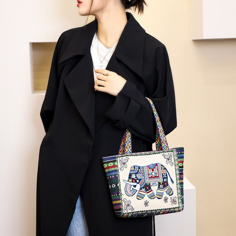 Grand sac fourre-tout en toile avec broderie éléphant et papillon - Charme spirituel