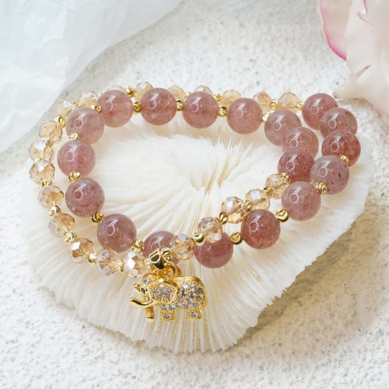 Bracelet à breloques énergétiques de guérison en quartz rose avec éléphant