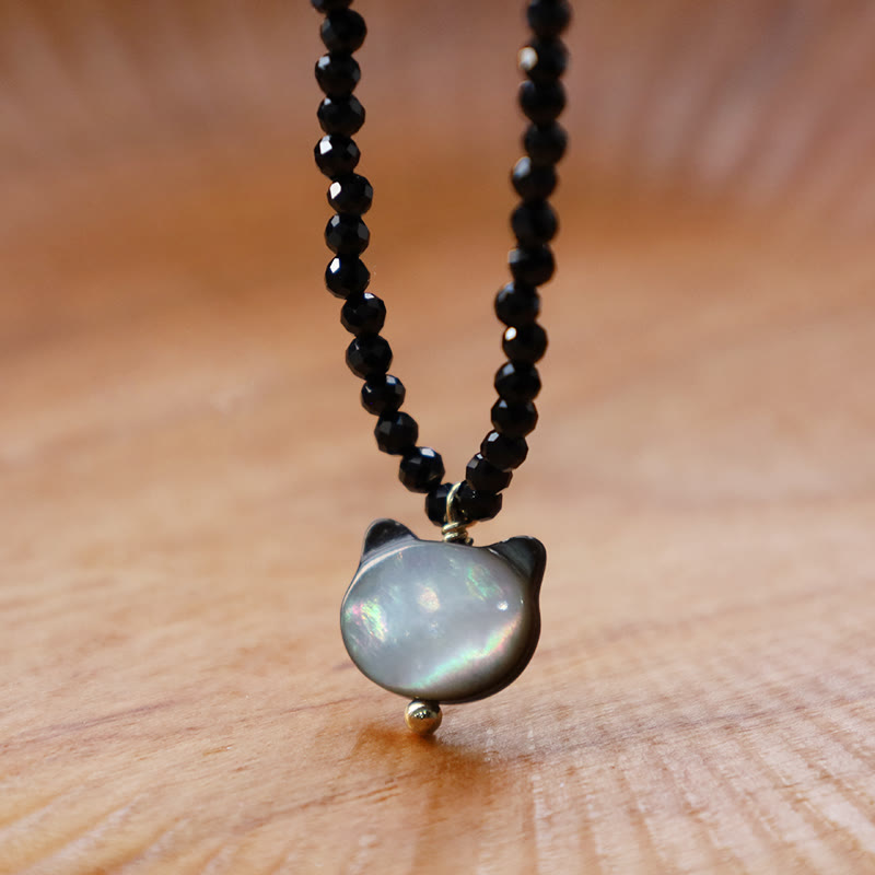 Collier ras du cou motif chat spinelle noir 38 cm