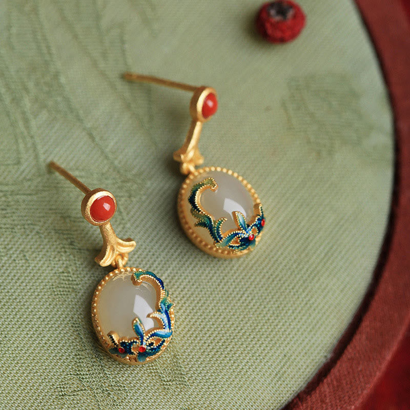 Boucles d'oreilles pendantes vintage en jade rouge et agate abondante en cuivre