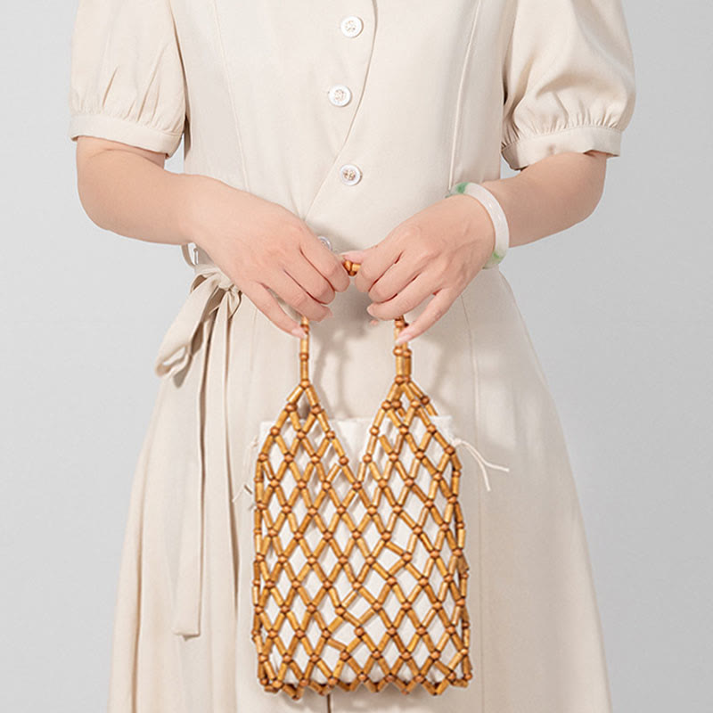 Sac en maille tissée à la main avec perles creuses en bois | Bijoux spirituels