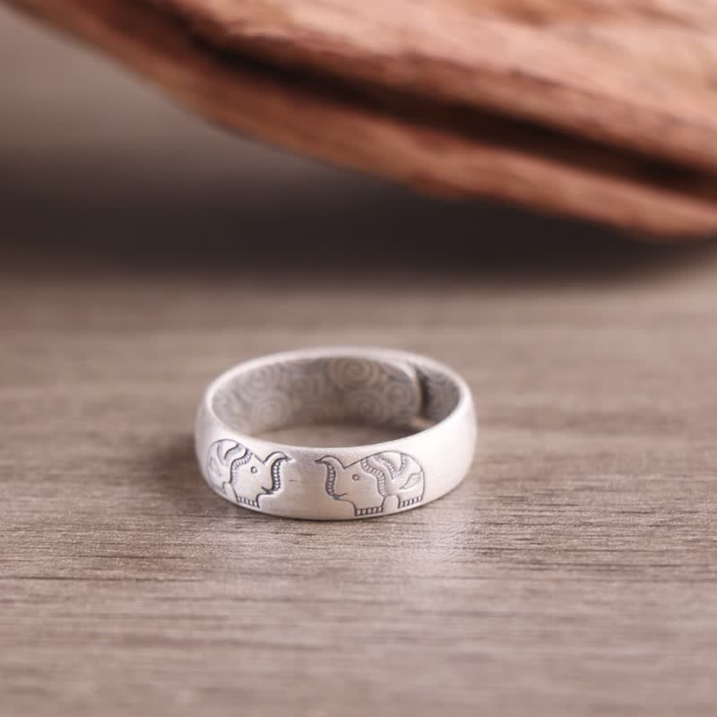 Bague ajustable en argent 999 avec motif éléphant et lotus
