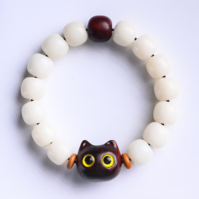 Bracelet spirituel unisexe en graines et bois de Bodhi, chat porte-bonheur