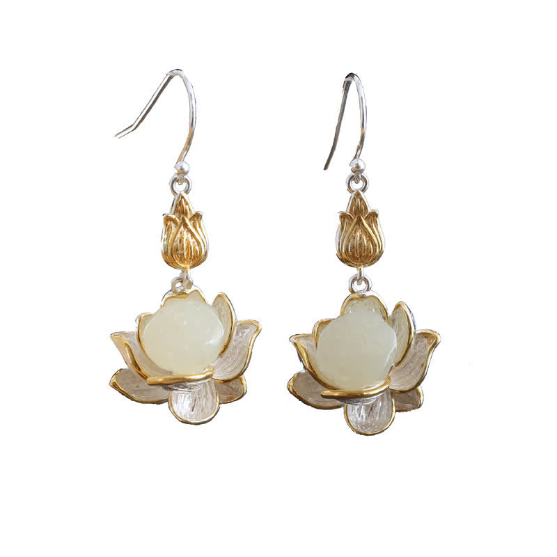 Boucles d'oreilles pendantes Lotus Harmonie Protection Jade Blanc