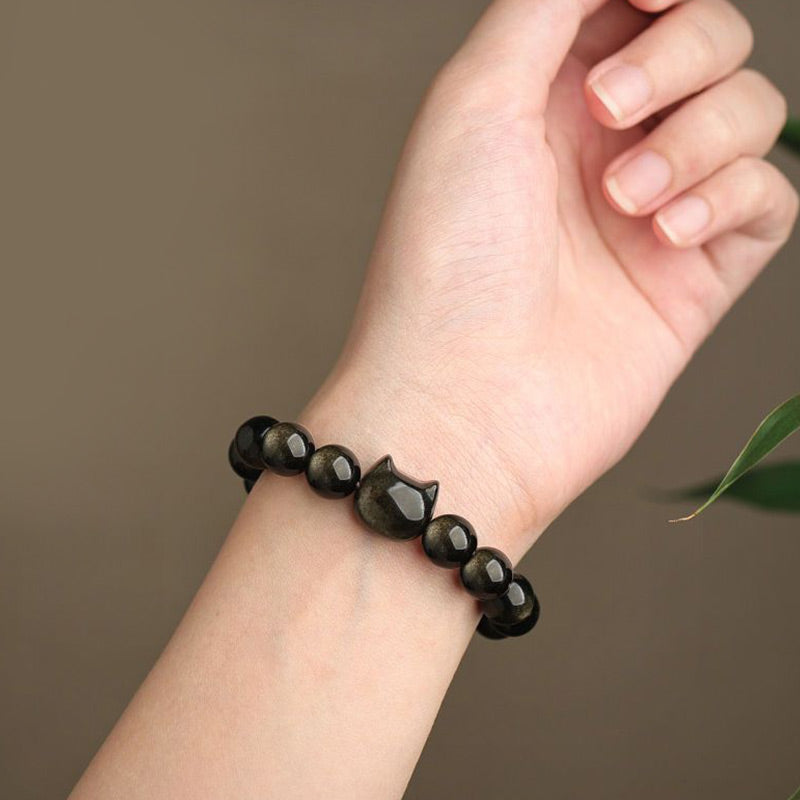 Gold Sheen Obsidian Lucky Cat Protection Bracelet 8mm