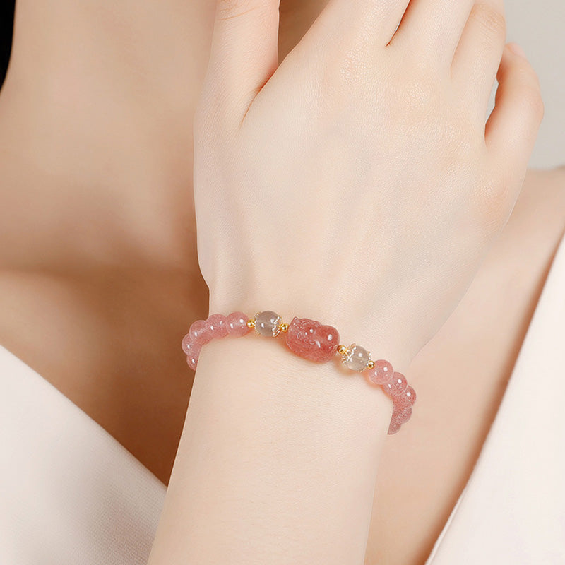 Bracelet de guérison Pixiu 6 mm avec aigue-marine, quartz fraise et améthyste