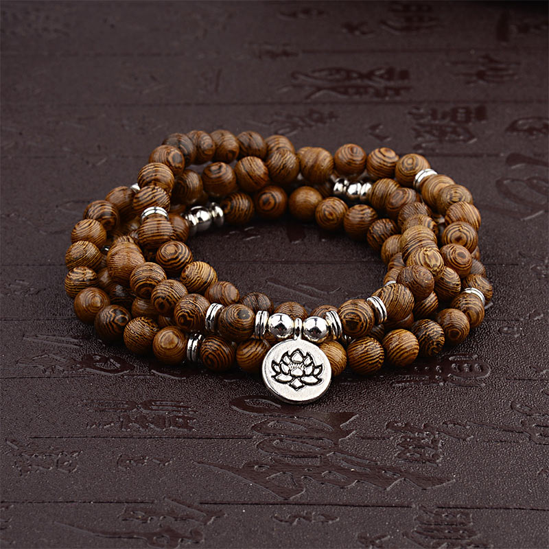 Handmade Lightning Strike Wood Wood Mala Bracelet with Lotus Buddha Symbol