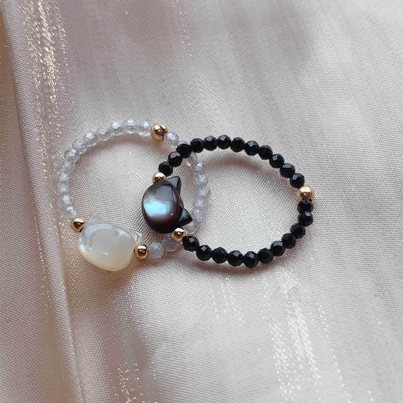 Bague spirituelle unisexe en or 14 carats avec pierre Tridacna et chat