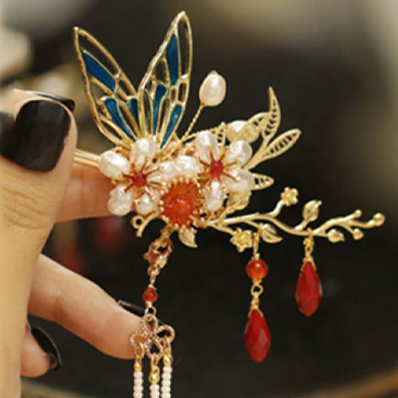 Red Flower Butterfly Pearl Tassel Hair Clip Comb Crown, Spiritual Jewelry