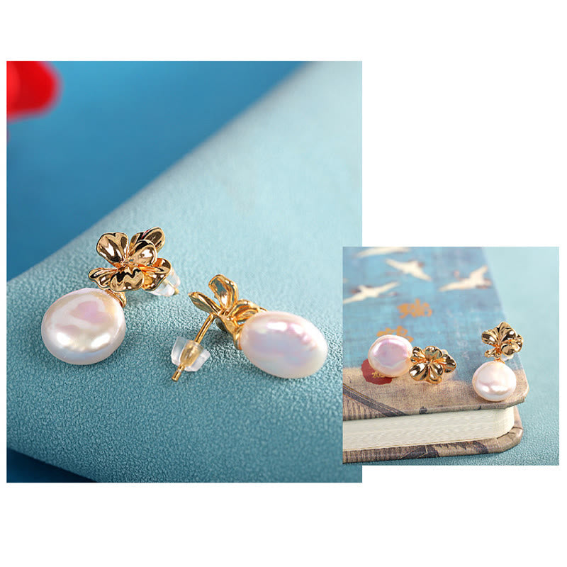 Boucles d'oreilles pendantes en argent sterling 925 avec perles baroques et fleurs