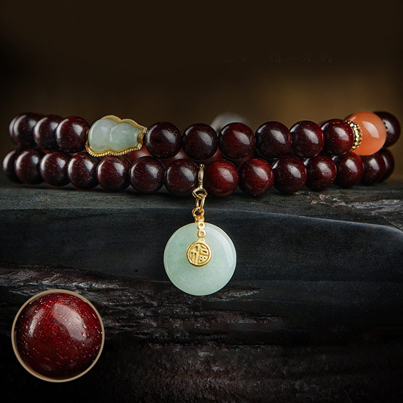 Chinese Zodiac Bracelet with Small Leaf Red Sandalwood & Jade for Protection