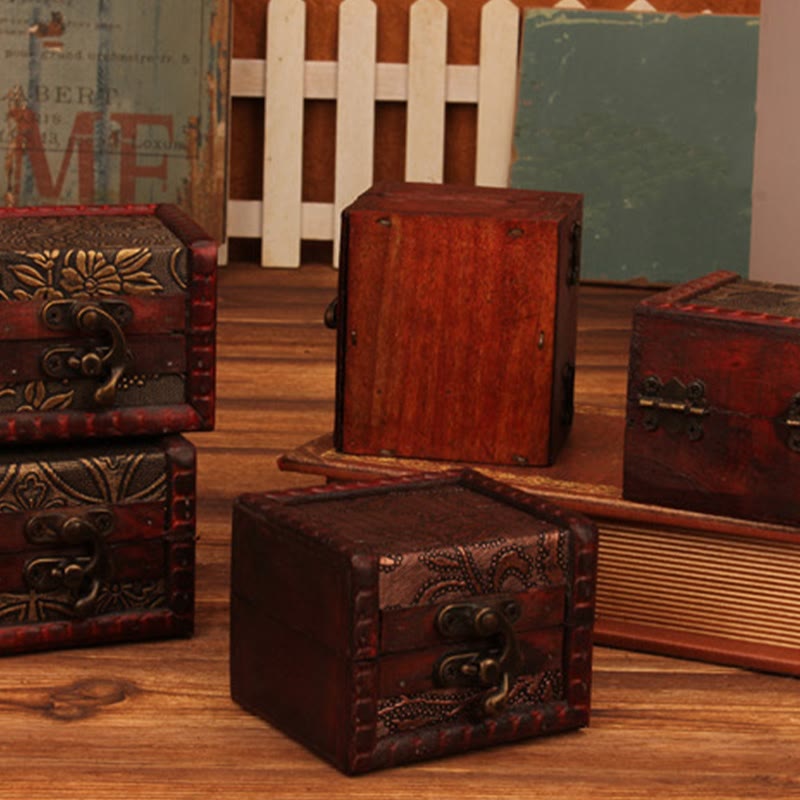 Retro Small Square Wood Jewelry Box with Lotus Design