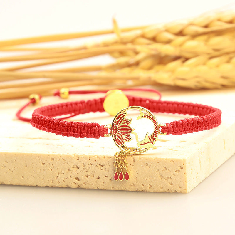 Bracelet porte-bonheur unisexe en fil rouge motif poisson koi et lotus