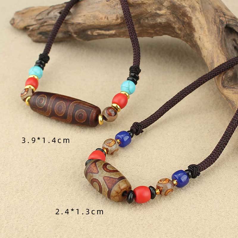 Unisex Agate Necklace with Nine-Eye and Three-Eyed Dzi Beads for Protection