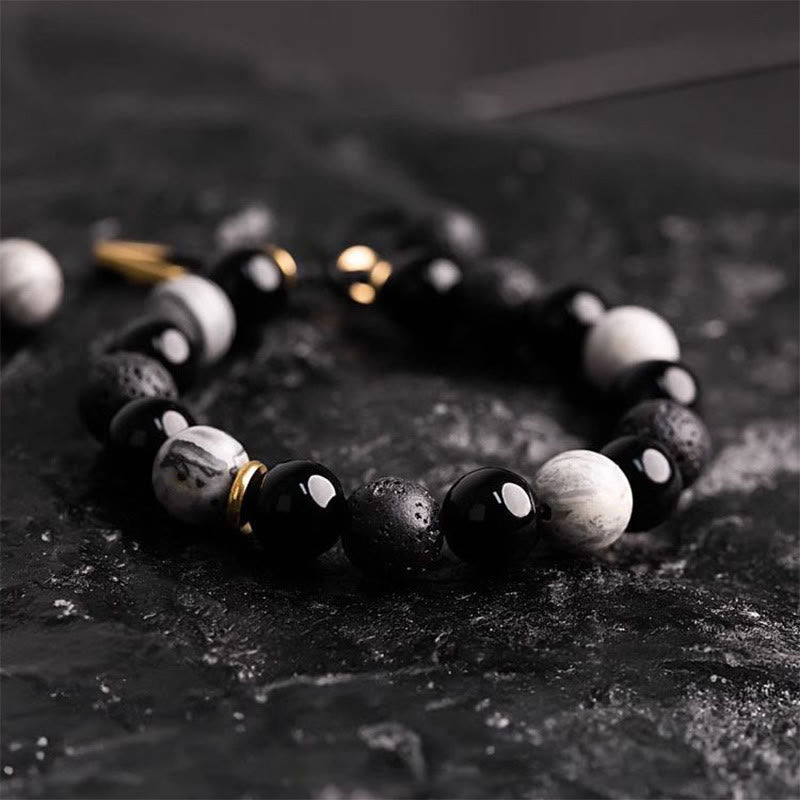 Bracelet Yin Yang en obsidienne noire et pierre de lave pour la force