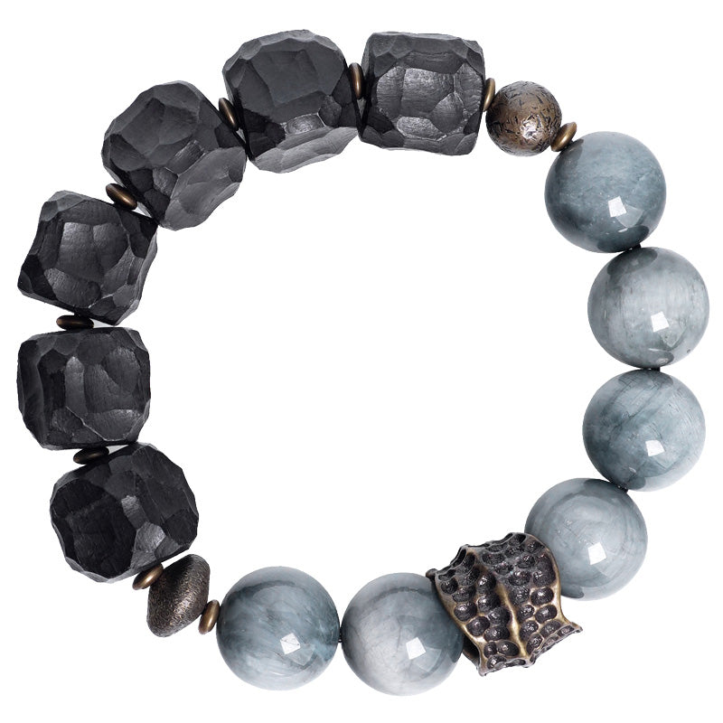 Bracelet couple en pierre œil d'aigle avec bois d'ébène et cuivre