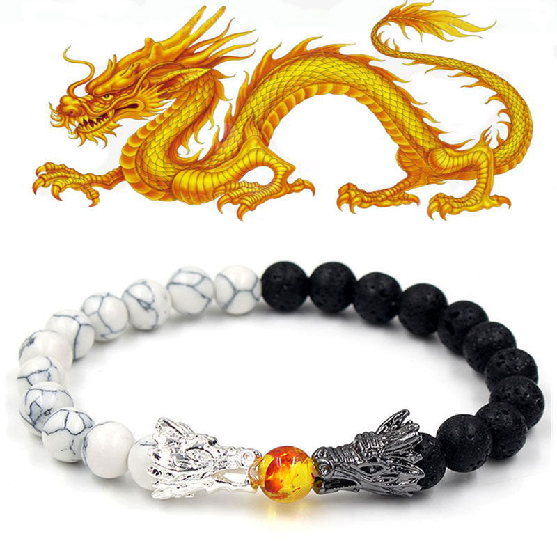 Bracelet de bénédiction du dragon en pierre de lave turquoise blanche