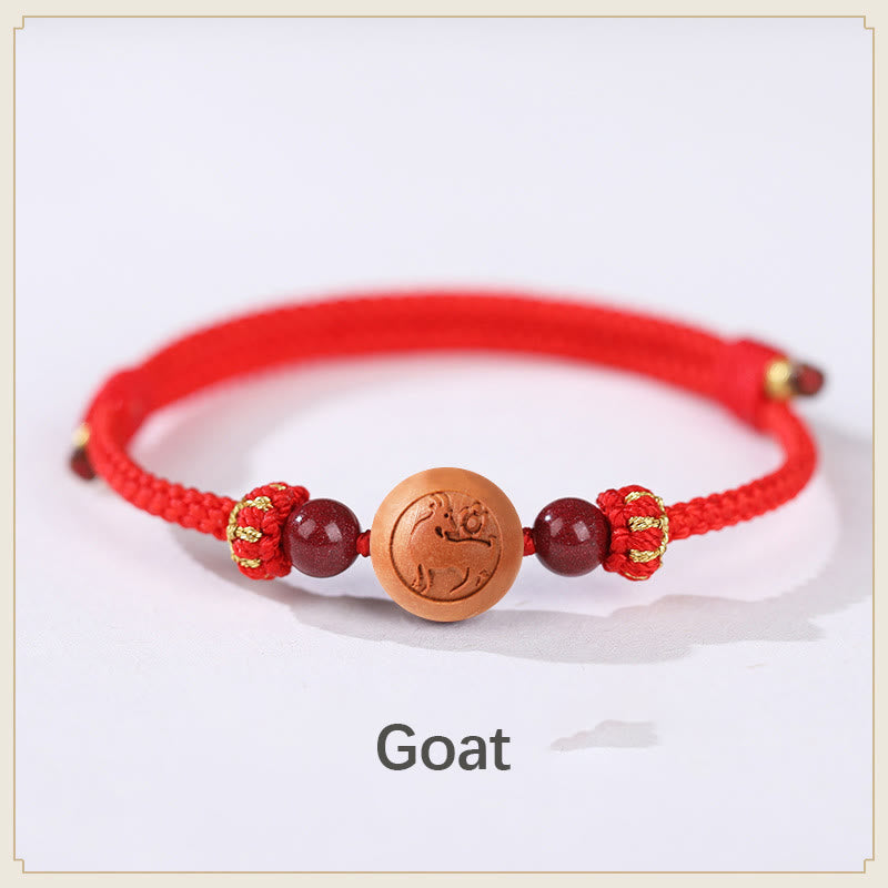 Bracelet de richesse en bois de pêcher naturel avec symbole du zodiaque chinois Fu et cinabre