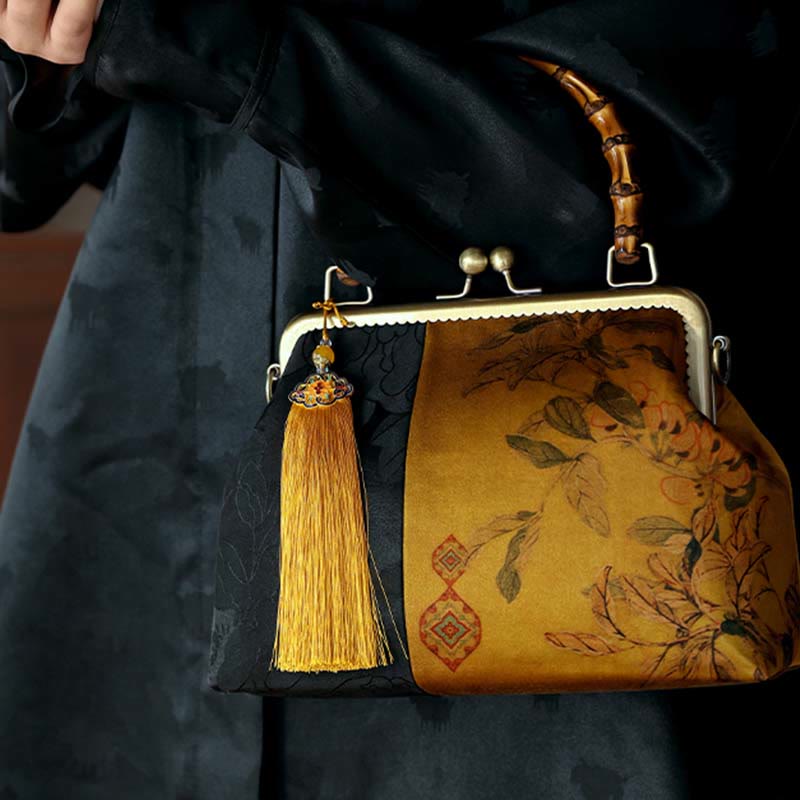 Sac à poignée en bambou inspiré de la nature avec motif de feuilles et d'oiseaux