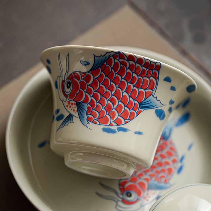 Red Ceramic Koi Fish Gaiwan Teacup 130ml for Tea Rituals