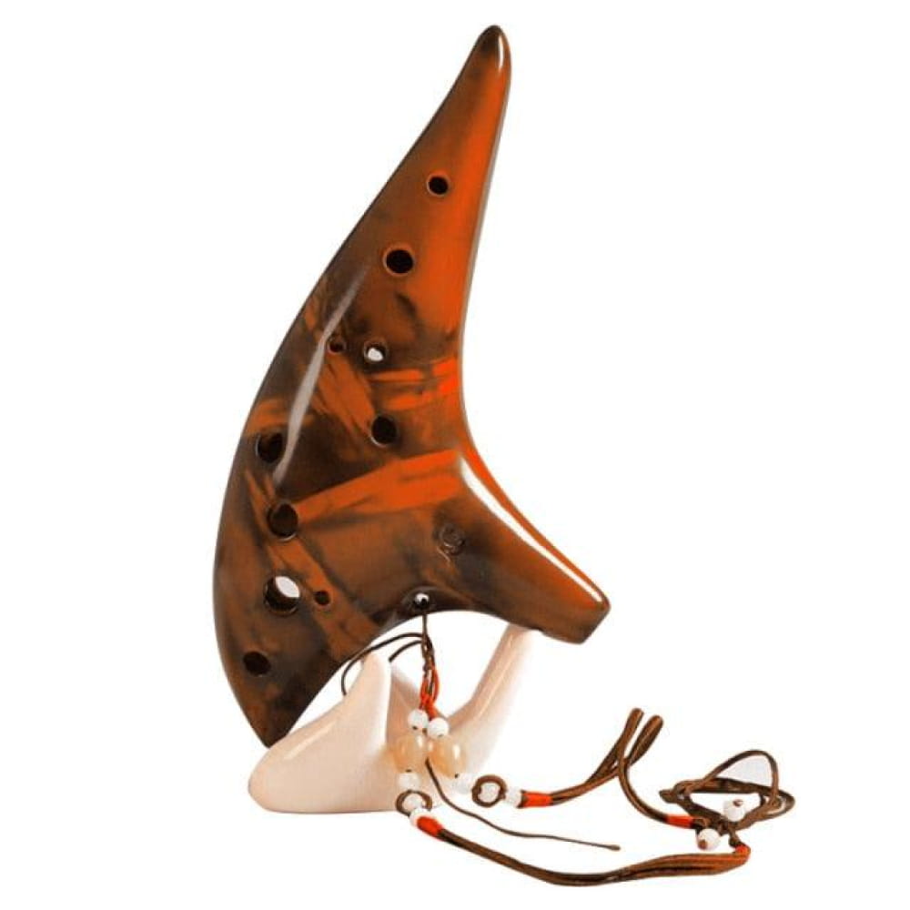 Brown ceramic 12-hole Alto C Smoked Ocarina Flute with pointed shape and finger holes