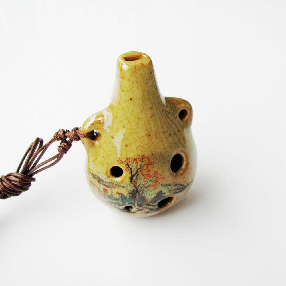 Yellow ceramic ocarina with tree design for Beginner’s 6-Hole Alto C Ocarina Pendant