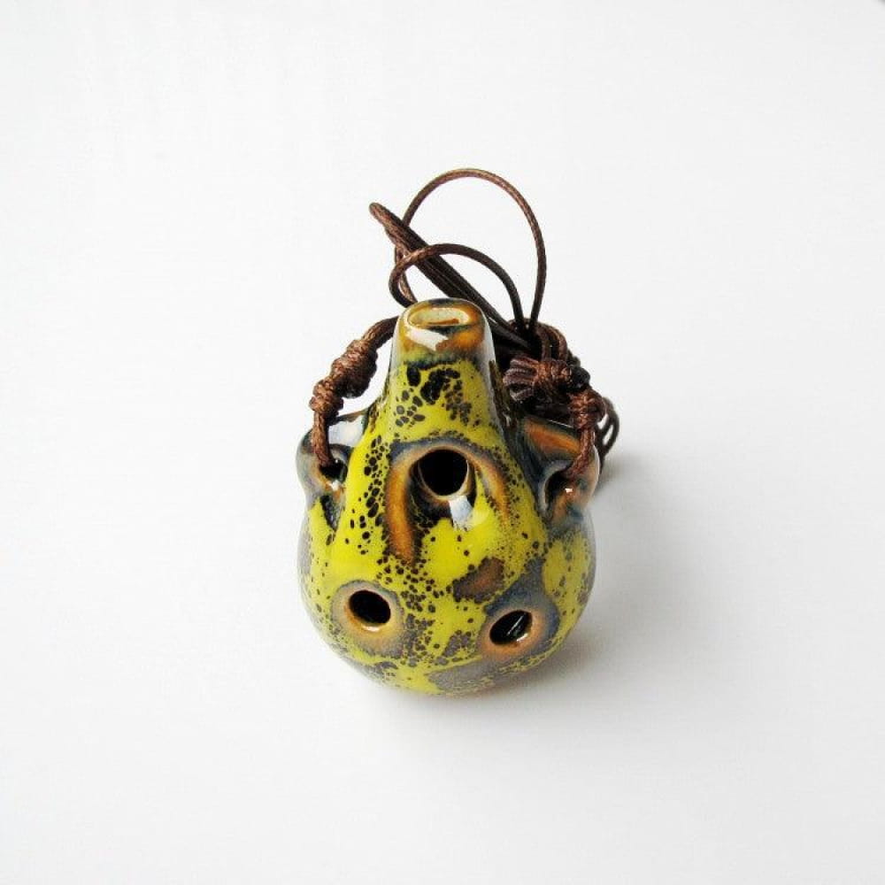 Yellow ceramic 6-hole Alto C ocarina pendant on leather cord, perfect gift for music lovers