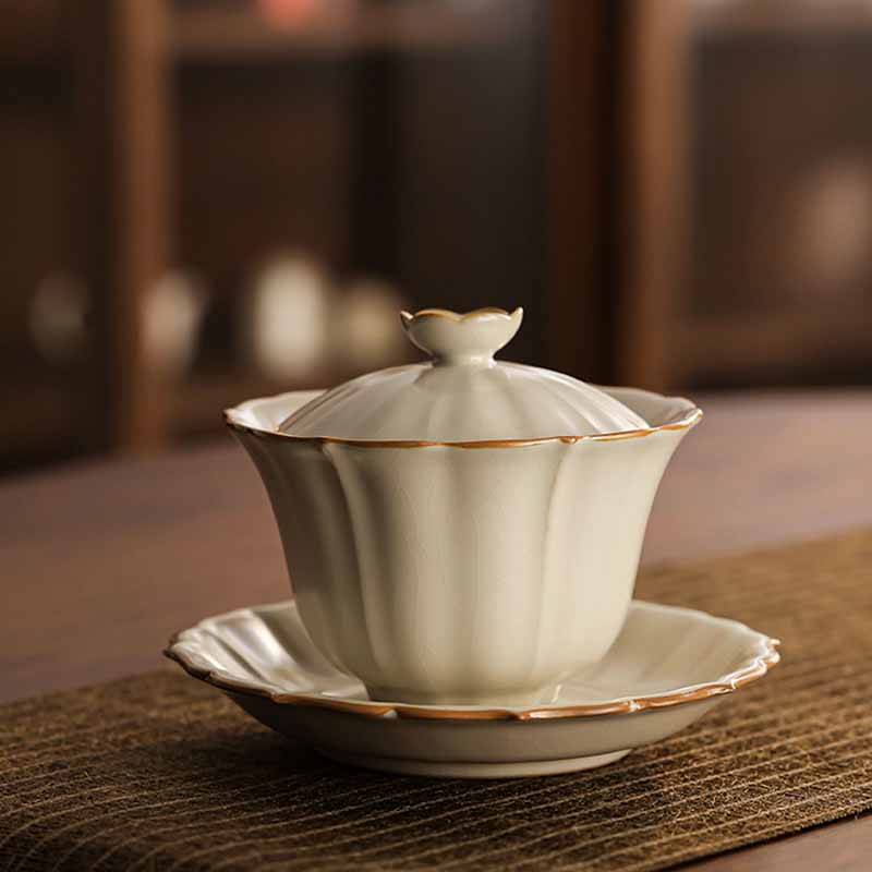 Service à thé Gaiwan en céramique beige à motif de fleurs de prunier, 120 ml