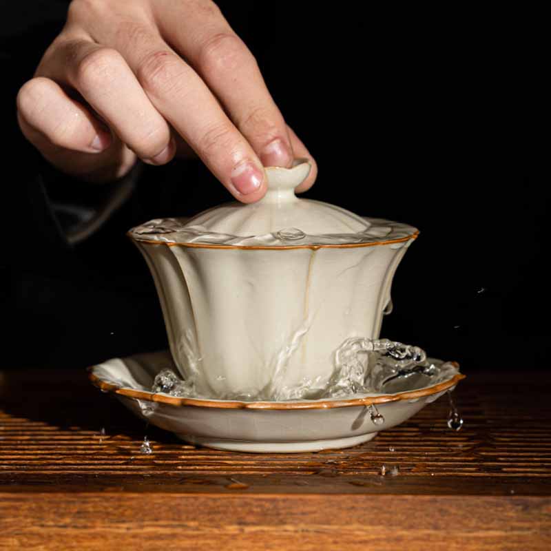 Service à thé Gaiwan en céramique beige à motif de fleurs de prunier, 120 ml