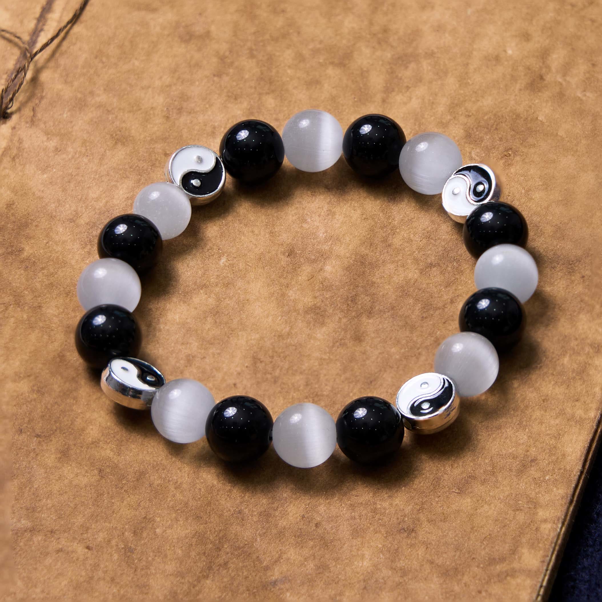 Bracelet Yin Yang en obsidienne noire œil de chat pour la purification et la force