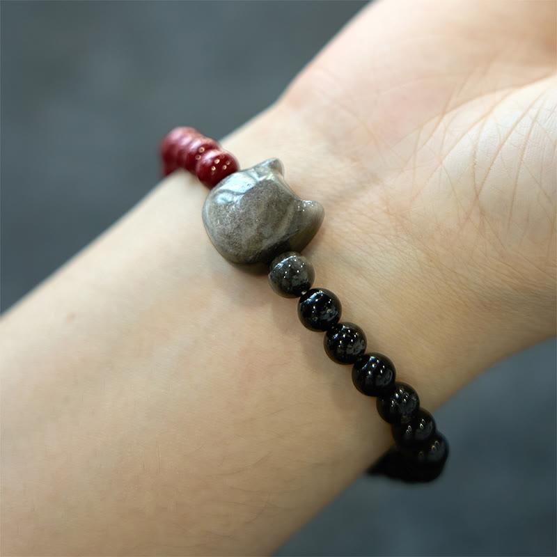 Bracelet de guérison et d'épanouissement en obsidienne noire et cinabre