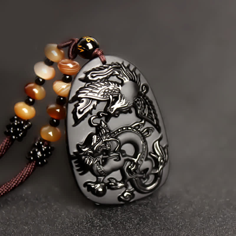 Collier dragon en obsidienne noire avec pendentif œil de tigre pour la protection