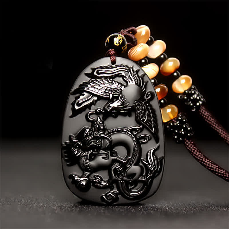 Collier dragon en obsidienne noire avec pendentif œil de tigre pour la protection