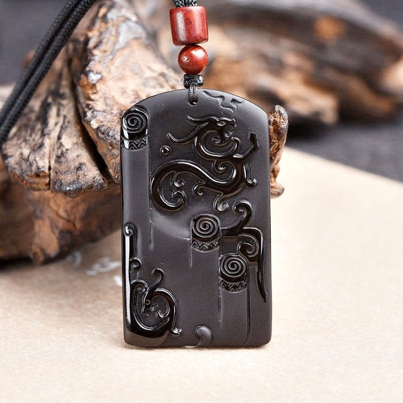 Collier Dragon Phénix en Obsidienne Noire pour le Succès et la Protection