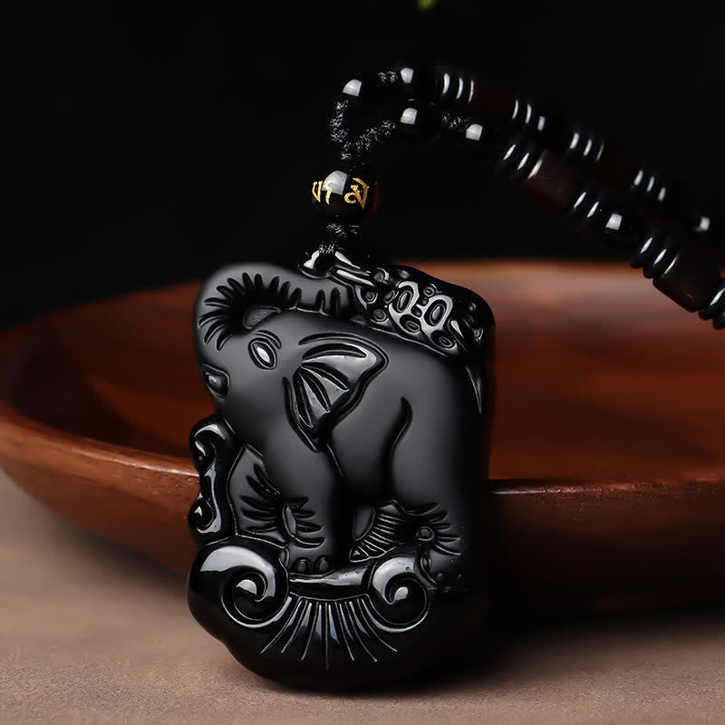Collier éléphant en obsidienne noire pour la protection et la force