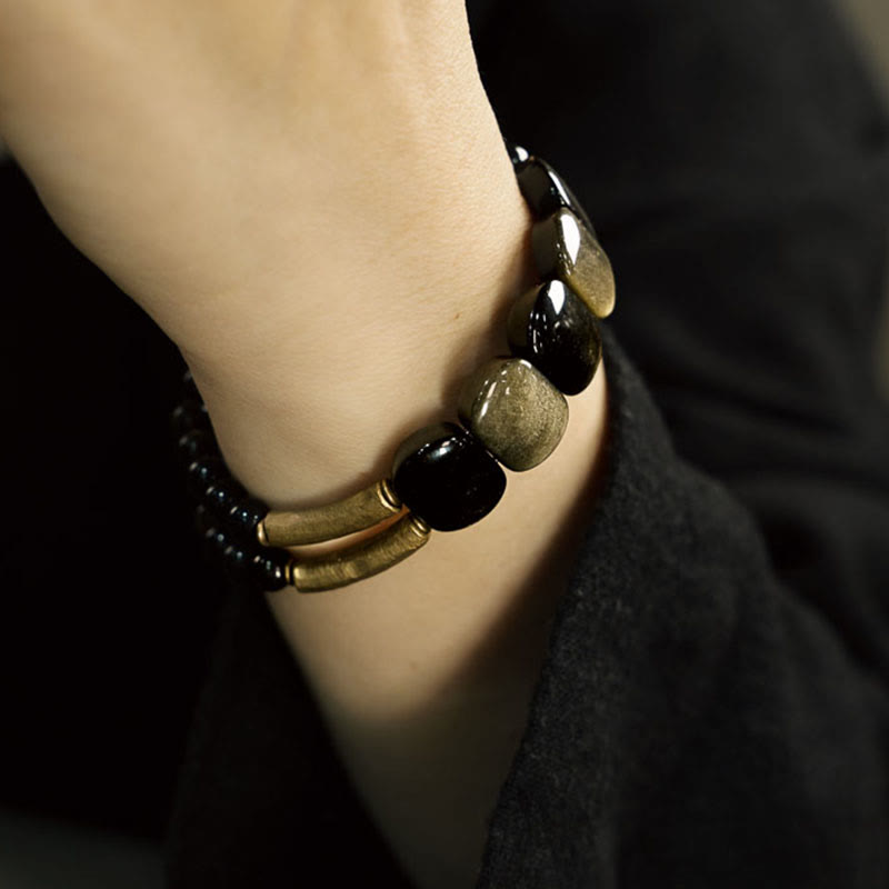 Bracelet de force en obsidienne noire et or brillant 16 cm