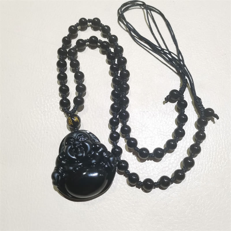 Collier Bouddha rieur en obsidienne noire et glace | Purification