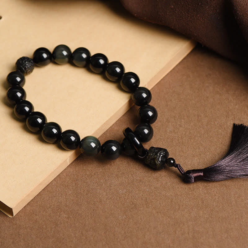 Mala de poignet en obsidienne noire avec lion pour la protection et le courage