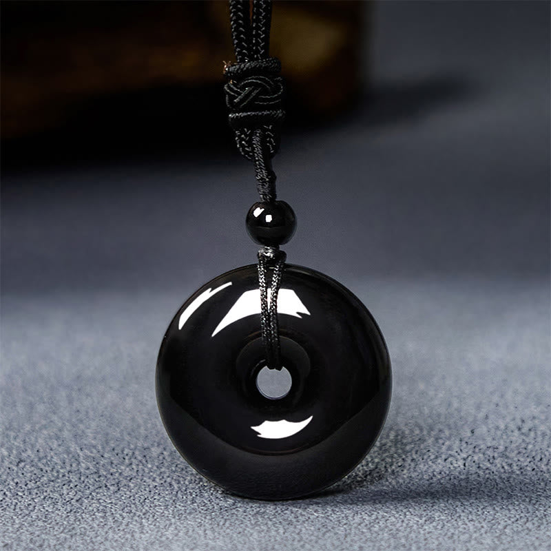 Collier avec pendentif en obsidienne noire et boucle de paix, corde de 50 cm