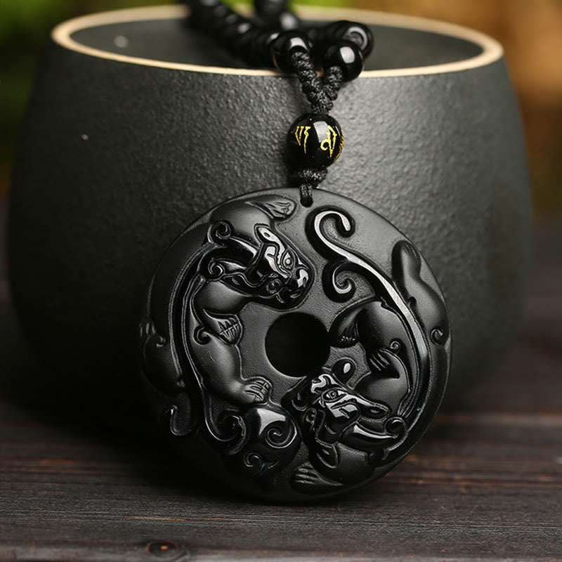 Collier de force Pixiu avec boucle de paix en obsidienne noire