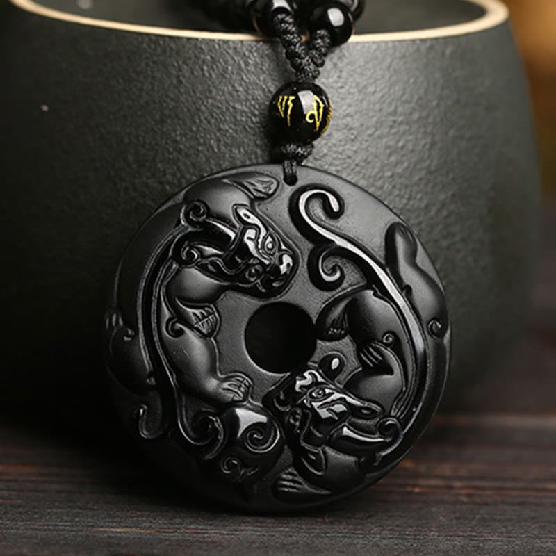 Collier de force Pixiu avec boucle de paix en obsidienne noire
