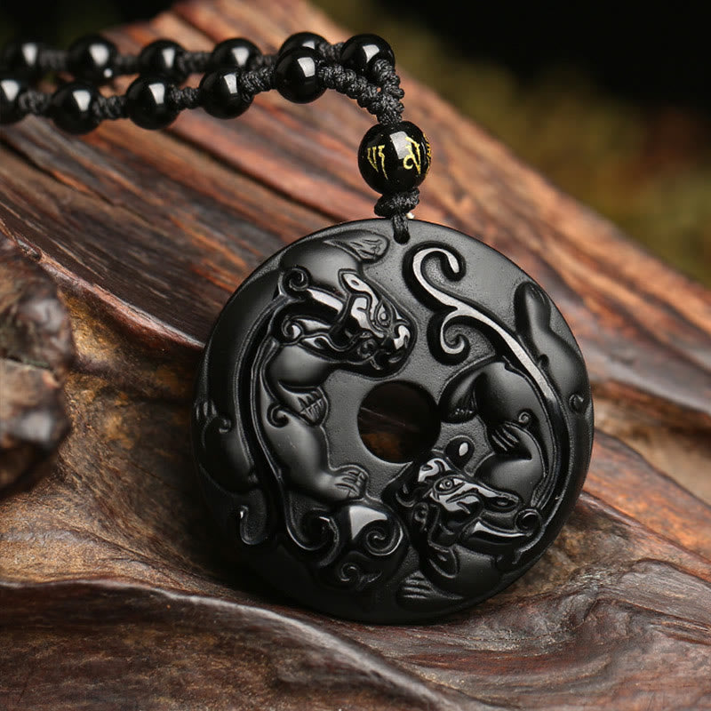 Collier de force Pixiu avec boucle de paix en obsidienne noire