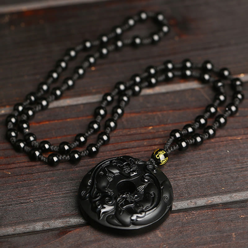 Collier de force Pixiu avec boucle de paix en obsidienne noire
