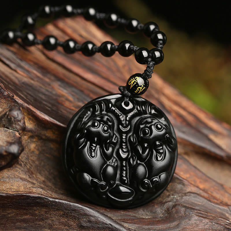 Collier pendentif Pixiu en obsidienne noire pour la richesse et la protection