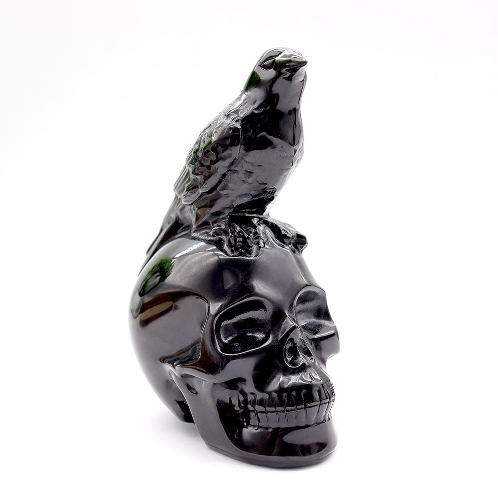 Black Obsidian Skull Crystal Figurine with Crow Carving 13cm
