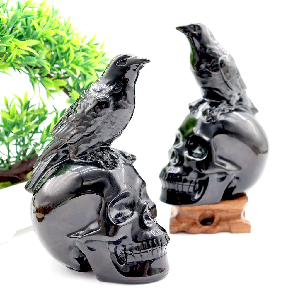 Black Obsidian Skull Crystal Figurine with Crow Carving 13cm