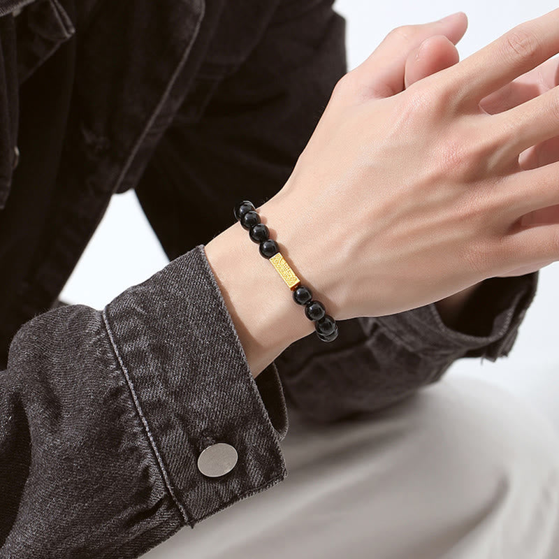 Bracelet de force en argent sterling et obsidienne noire